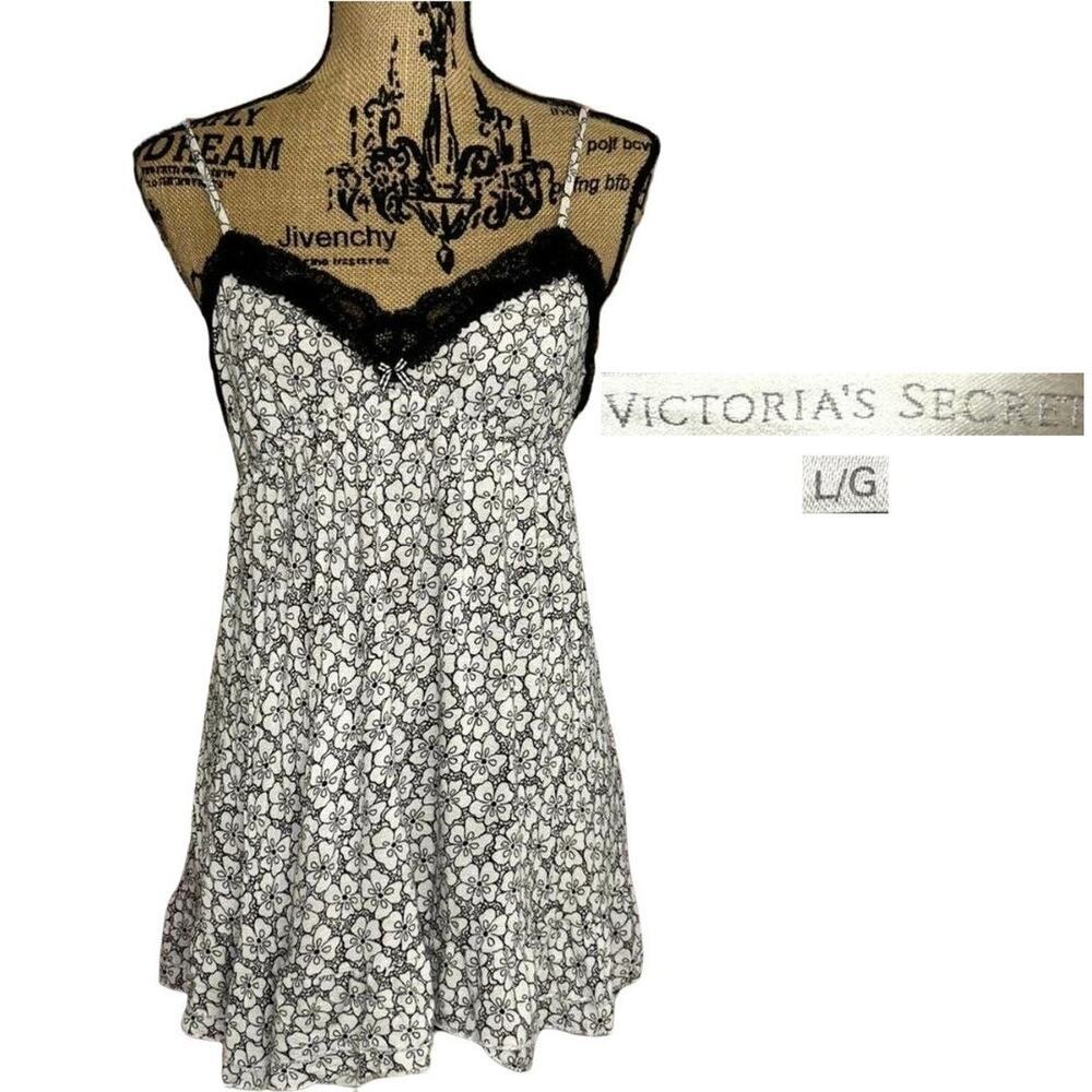 Victorias Secret Floral Lace Slip Dress Black White Size Large Trashy Y2k Grunge